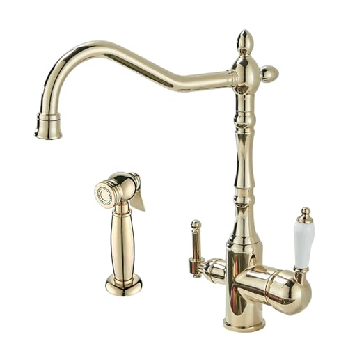 3-Wege-Tap-Chrom-Küchenspüle mit Sprühgerät Retro Küchenhahn-Spülbeckenmixer 2 Loch Dual Hebel herausziehen (Golden-B) LWX von YCVAWEOD