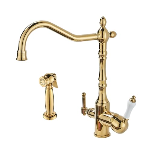 3-Wege-Tap-Chrom-Küchenspüle mit Sprühgerät Retro Küchenhahn-Spülbeckenmixer 2 Loch Dual Hebel herausziehen (Golden-B) LWX von YCVAWEOD