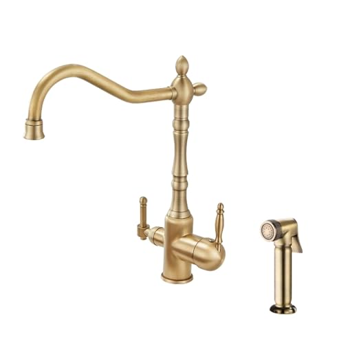 3-Wege-Tap-Chrom-Küchenspüle mit Sprühgerät Retro Küchenhahn-Spülbeckenmixer 2 Loch Dual Hebel herausziehen (Golden-B) LWX von YCVAWEOD