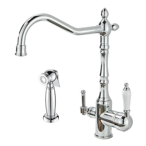 3-Wege-Tap-Chrom-Küchenspüle mit Sprühgerät Retro Küchenhahn-Spülbeckenmixer 2 Loch Dual Hebel herausziehen (Golden-B) LWX von YCVAWEOD