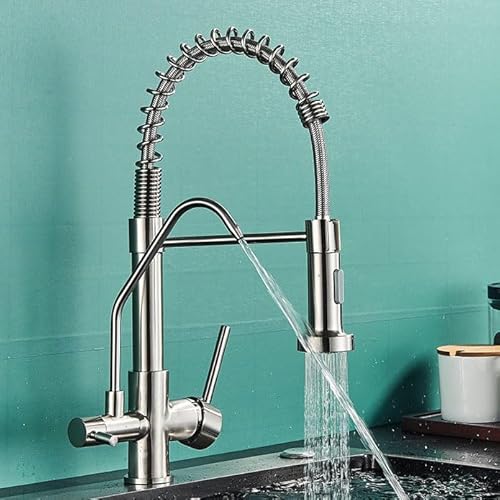 3 -Wege Wasserfilter Tap Küche Trinken Haken Waschbecken Mixer 360 ° Schwenk 3 -Wege Küchenhahnküchenmischer Zapftaps 1 Loch Ausziehen Sprühchrom, gebürstet LWX von YCVAWEOD