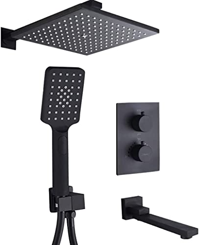 Badezimmer Duschsystem, Dusch-Duschsystem, bastatische Wasserhähne schwarzer Duschenset mit 8-12 Zoll Bad Regenduschdiverter Wanne Taps Set und Handheld-Dusche, Wal, 12 Zoll LWX von YCVAWEOD