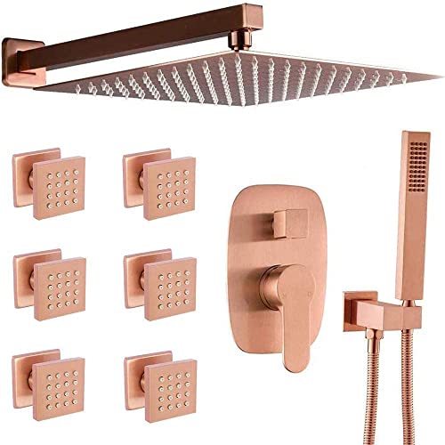 Badezimmerquadrat 12 Zoll Deckenregen Duschhahn mit 6 -teiliger Körper Jets -Mixer -Set (Wandhalterung, gebürstete Roségold) Dekoration LWX von YCVAWEOD