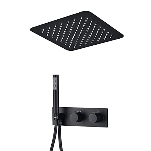 Deckenmontage Regen Duschsystem, luxuriöser 12 Zoll quadratischer Duschkopf mit Handschuhe, Badezimmer Messing Thermostatische Duscharmatur, schwarz LWX Deckenmontage Regen Duschsystem, luxuriöser 12 Zoll quadratischer Duschkopf mit Handschuhe, Badezimmer Messing Thermostatische Duscharmatur, schwarz LWX von YCVAWEOD
