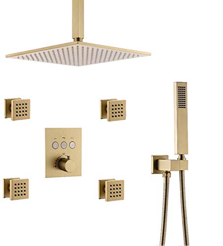 Dusch-Set-Duschsystem, thermostatischer Messing Duscharmatur Komplett Duschkit mit 10 bis 12 Zoll Deckenregen Kopf und 4 Stcs Body Sprayer, gebürstetes Duschset LWX von YCVAWEOD