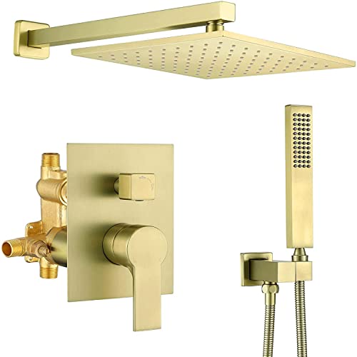 Dusch-Set mit Duschkopf-Duschschlauch, Messingregen, Luxuly Badezimmer versteckter Duschhahn Combo-Set (einschließlich Roh-In-Ventilkörper und Verkleidung), gebürstete Golddekoration (gebürstetes von YCVAWEOD