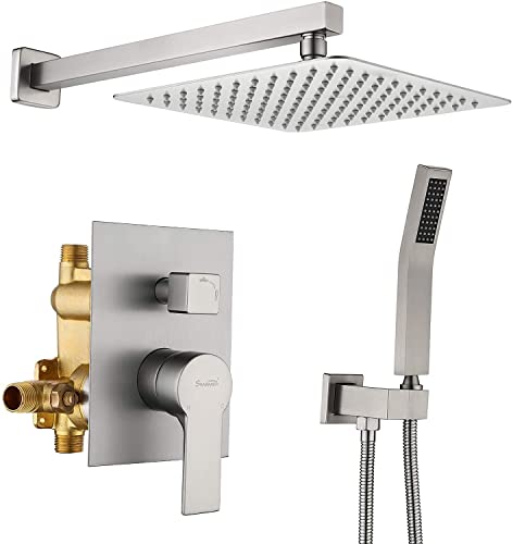 Dusch-Set mit Duschkopf-Duschschlauch, Messingregen, Luxuly Badezimmer versteckter Duschhahn Combo-Set (einschließlich Roh-In-Ventilkörper und Verkleidung), gebürstete Golddekoration (gebürstetes von YCVAWEOD