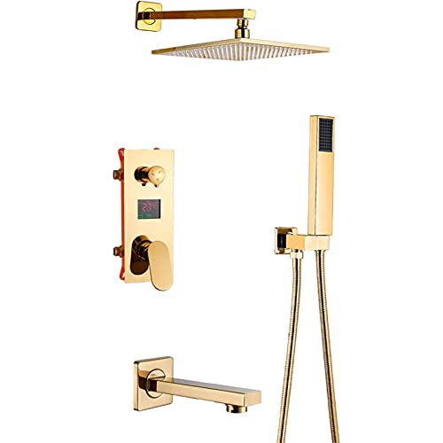 Duscharmatur -Set Gold, 10 -Zoll -Niederschlags -Duschkopf, Temperaturanzeige, Messing Duschsystem mit Badewanne Ausstrich, Wandmontierende Duschmischer Hahn LWX von YCVAWEOD