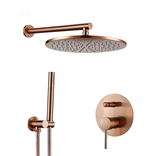 Duscharmatur Set Messing gebürstete Roségold-Wandhalterung Badezimmer Arm Diverter Mixer Handheld-Sprühsets mit 8-12 "Regenköpfen rund über dem Kopf (12 Zoll) LWX von YCVAWEOD