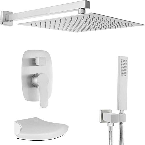 Duscharmaturen-Mixer-Set, wandmontierte Messing mit Wasserfall Wanne 10-12 "Niederschlag 3 Funktionen Dusche mit Handschubstkopf und Duschschlauch für Familienbad (schwarz 12 Zoll) LWX von YCVAWEOD