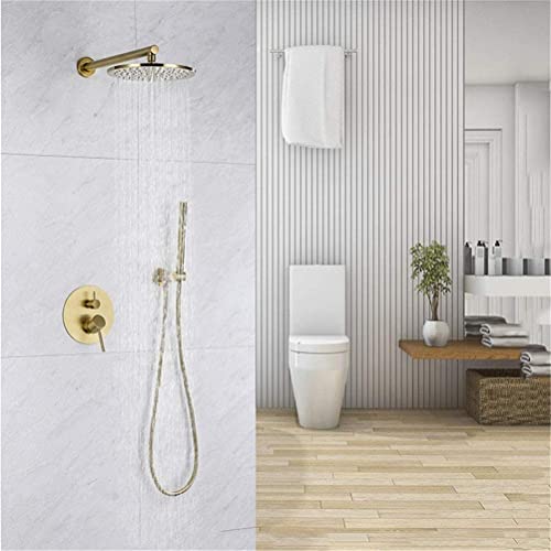 Duscharmaturensystem Set bürstete goldene Messing Badezimmer Tap 8-12-Zoll Duschkopf Set Rianfall Duschsystem Wandmontierte Duscharmmixer Wasser Kit, 10 Zoll LWX von YCVAWEOD