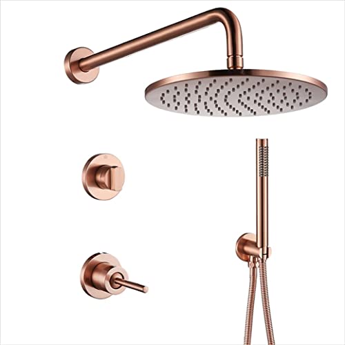 YCVAWEOD Dusche, Messing bürstete Roségold Dusch Set Wall Arm Diverter Mixer Handheld-Sprühsets mit 8-10 Zoll runden Niederschlagsduschkopf, Luxus-Duschset, 10 Zoll Dekoration LWX von YCVAWEOD