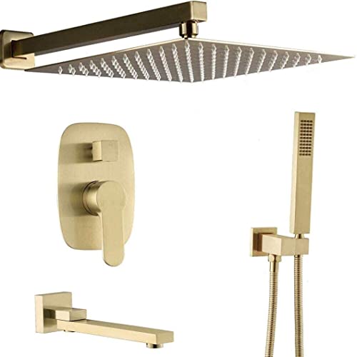 Dusche, Messing gebürstetes Gold 10-12 Zoll Wandhalterung Niederschlag Duscharmaturen Set mit Handheld-Dusche und Badewanne, luxuriöses Duschset, 12-Zoll-Dekoration LWX Dusche, Messing gebürstetes Gold 10-12 Zoll Wandhalterung Niederschlag Duscharmaturen Set mit Handheld-Dusche und Badewanne, luxuriöses Duschset, 12-Zoll-Dekoration LWX von YCVAWEOD