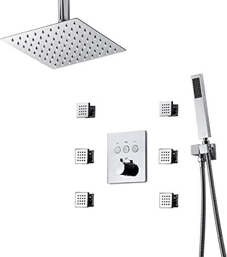 Dusche 3 Functthermostatische Duschsystem, quadratische Decke Duscharmatur -Set mit 2 Funktionen mit 2 Funktionen, Massagekörperdüsen und 1,5 m Duschschlauch, schwarze Dekoration Duschkopf LWX von YCVAWEOD