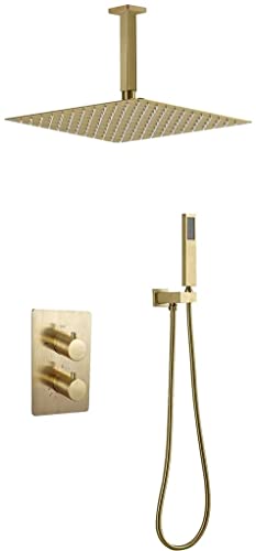 Duschen, Deckenmontage Thermostatisch gebürstetes goldenes Bad Regenmixer Duschhaken mit 10-12 Zoll großer Niederschlagsduschkopf und Handheld-Dusche, Luxus-Duschset, 10-Zoll-Dekoration LWX Duschen, Deckenmontage Thermostatisch gebürstetes goldenes Bad Regenmixer Duschhaken mit 10-12 Zoll großer Niederschlagsduschkopf und Handheld-Dusche, Luxus-Duschset, 10-Zoll-Dekoration LWX von YCVAWEOD