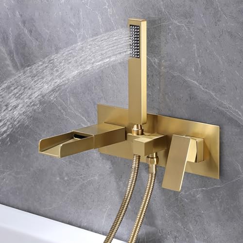 Duschkopfset, Badmixer Haken mit Dusche Schwarzer Badewasserfallmischer Tap Ein Hebel Badewanne Mixer mit Duschkopf, gebürstetem Gold LWX von YCVAWEOD