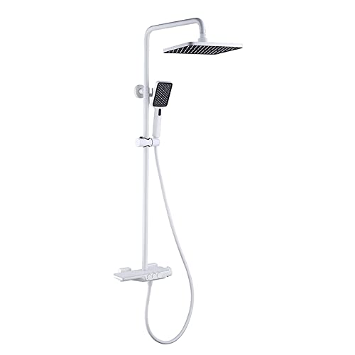 Duschsystem thermostatisch, Duscharmaturen Set 10 Zoll Duschkombination Set Wandmotorte Regenmischer Combo Set mit Wannenauslauf, Rechteck Regenduschkopf, 3 Modi Handheld -Dusche, Chrom (Farbe: Gold) von YCVAWEOD