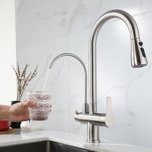 Edelstahl 3 -Wege Küchenhahn mit Wasserfilter und 2 Modi Dual Hebel Heißer kaltes Wasser gebürsteten Waschbeckenmischungshahn für die Installation eines einzelnen Lochs LWX Edelstahl 3 -Wege Küchenhahn mit Wasserfilter und 2 Modi Dual Hebel Heißer kaltes Wasser gebürsteten Waschbeckenmischungshahn für die Installation eines einzelnen Lochs LWX von YCVAWEOD