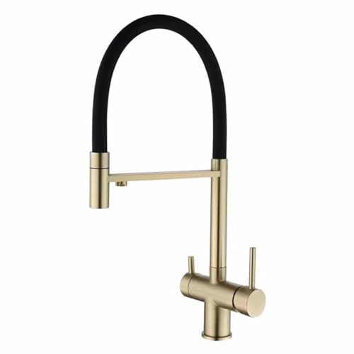 Gebürstetes Gold 3-in-1-Küchenmischer-Wasserhahn mit Auszugspray, Doppelgriff Trinkhahn, Doppelwasserauslass und Wasserfilter für Küchenspüle LWX von YCVAWEOD