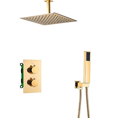 Gold Regen thermostatischer Mixer Dusche Kombination Set Deckenmontaged Bad Dusche Wasserhahn mit Niederschlagsdusche, Handdusche, Bo? LWX von YCVAWEOD