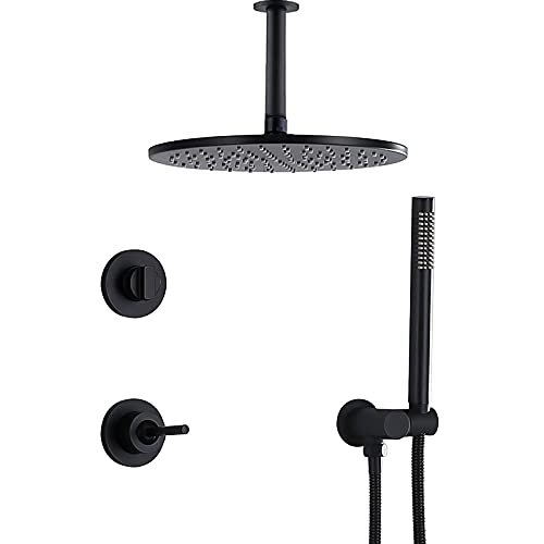 Handheld -Duschenhower -System, versteckter schwarzer Duschhahn, ein Griff Heiße und kalte Duschkombination mit Handdusche und runden Regenduschkopf, Badewanne und Duschplatte, Typ B, 12 Inc. LWX von YCVAWEOD