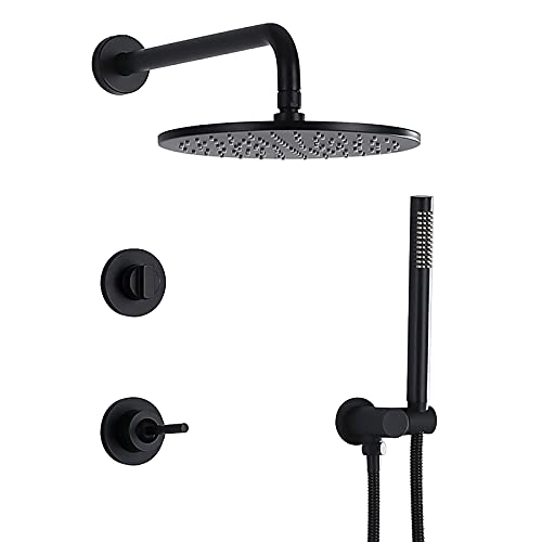 Handheld -Duschenhower -System, versteckter schwarzer Duschhahn, ein Griff Heiße und kalte Duschkombination mit Handdusche und runden Regenduschkopf, Badewanne und Duschplatte, Typ B, 12 Inc. LWX von YCVAWEOD