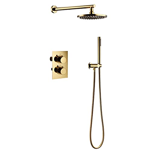 Handheld -Duschenhower -System Thermostat -Set, moderne Messinggold -Duschhahn -Systemmixer -Tippset, versteckter Wasserhahnmixer -Ventil -Duschsystem mit Duschkopf und Duschschlauch, 10 Zoll LWX von YCVAWEOD