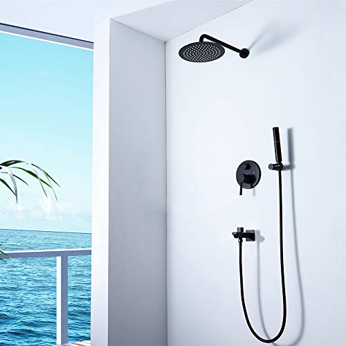 YCVAWEOD Handheld -Duschwall montiertes Badezimmer Regenduschsystem, 10 "runde Regenduschkopf und Roundschüttungs -Kombination in Messing mit mattschwarzer Badewanne Wasserhahn LWX von YCVAWEOD