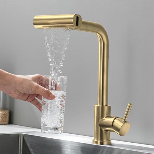 YCVAWEOD Küche Gold Waschbecken Haken Wasserfall gebürstete Küchenmischer mit Auszugsspray -Dreh -Doppelmodus LWX von YCVAWEOD