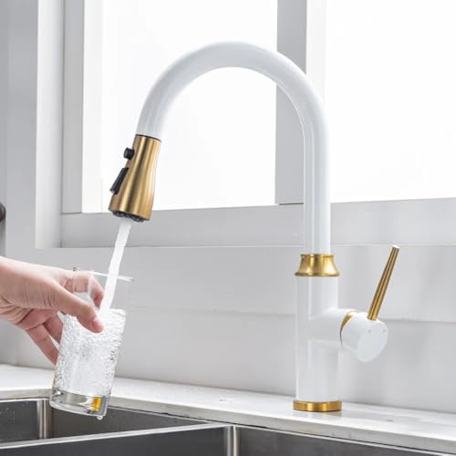 Küchenhahn mit Auszug Spray High Bogen Pull Down Kitchen Spüle Mixer Haken mit 2 Sprühmodus, Messing Single Hebel 360 ° drehbarer kommerzieller Küchenarmatur, 1 Loch, Weiß LWX Küchenhahn mit Auszug Spray High Bogen Pull Down Kitchen Spüle Mixer Haken mit 2 Sprühmodus, Messing Single Hebel 360 ° drehbarer kommerzieller Küchenarmatur, 1 Loch, Weiß LWX von YCVAWEOD