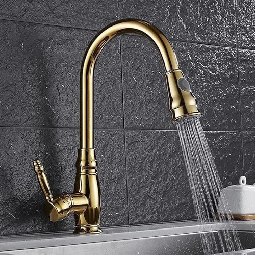 YCVAWEOD Küchenspüle Taps Mixer Antique Messing Vintage Küchenhahn Tap Kitchen Mixer Zapf 1 Loch Ausziehen Sprühsprüge Ausguss Einzelhebel Tap Chrom, Gold LWX von YCVAWEOD