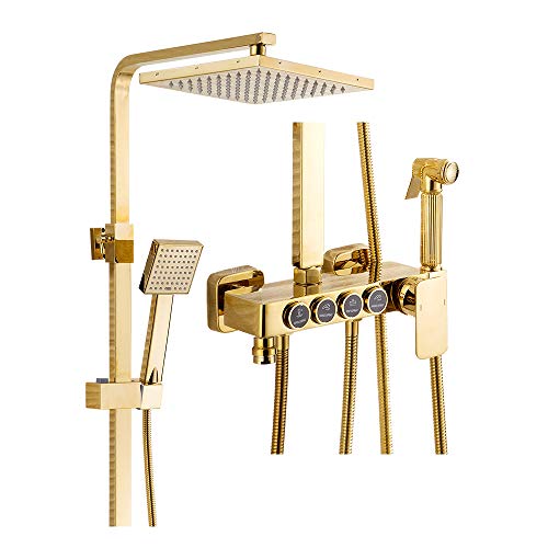 Luxus goldenes Duschsystem mit freiliegender Duschsäule Wandmontage Duschset einschließlich Absausche Kopf Handdusche Badewanne Wasserhahn und Bidet Sprayer LWX Luxus goldenes Duschsystem mit freiliegender Duschsäule Wandmontage Duschset einschließlich Absausche Kopf Handdusche Badewanne Wasserhahn und Bidet Sprayer LWX von YCVAWEOD