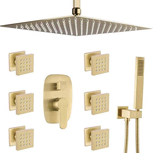 YCVAWEOD Moderne goldene Badezimmerkörper aus dem Messing mit gebürstetem Messing, 10-12-Zoll-Deckenniederschläge Duschhahn mit 6 Körpersprays, Luxusmixer-Set, Luxus-Duschset, 12 LWX von YCVAWEOD