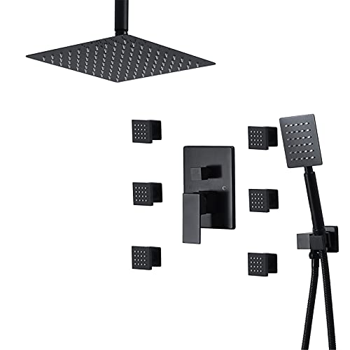 Modernes mattes schwarzes Duschsystem mit 10 -Zoll -Niederschlagsduschhead 6 Körpersprays Handdusche und 3 Funktion Regenmischer Komplette Duscharmatur Set LWX von YCVAWEOD
