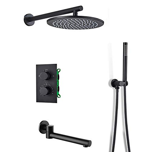 YCVAWEOD Regenduschsystem Thermostatischer schwarzer Regenmixer Dusche Combo Set Wandmontage Badezimmer Duschhahn Set mit runden Duschkopf, Handschuhe, Schwenkwanne Ausstrich, 10 Zoll LWX von YCVAWEOD