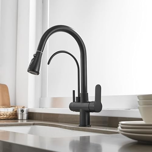 Schwarzes Ausziehen Küchenspüle Heißer und kaltes Wassermixer Doppelgriff Direktes Trinkwasserhahn Chrom verchromt plattiert LWX Schwarzes Ausziehen Küchenspüle Heißer und kaltes Wassermixer Doppelgriff Direktes Trinkwasserhahn Chrom verchromt plattiert LWX von YCVAWEOD