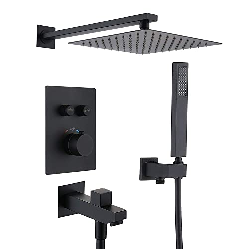 YCVAWEOD Thermostatische Regenduschsystem, Schwarze Regenmixer -Dusche Combo Set Wall montiertes Badezimmer -Duschhahn mit 10 Zoll Duschkopf, Handheld -Dusche, Badewanne Wasserhahn LWX von YCVAWEOD
