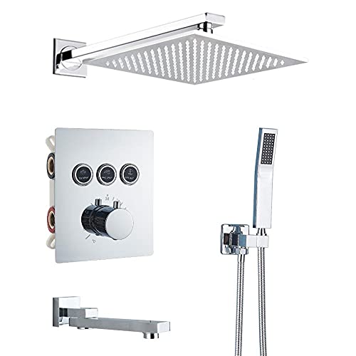 Thermostatischer Duscharmaturen-Set-Niederschlags-Duschkopfwandmontierter Badewanne Mischmischhahn Tap Chrom Finish 2-Wege-Diverter 10 Zoll LWX Thermostatischer Duscharmaturen-Set-Niederschlags-Duschkopfwandmontierter Badewanne Mischmischhahn Tap Chrom Finish 2-Wege-Diverter 10 Zoll LWX von YCVAWEOD
