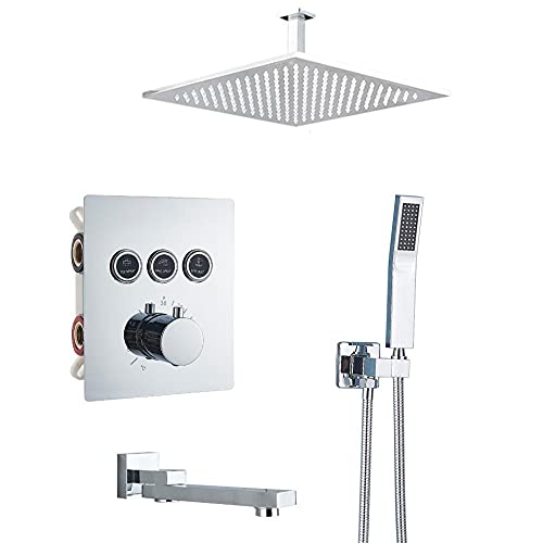Thermostatischer Duscharmaturen-Set-Niederschlags-Duschkopfwandmontierter Badewanne Mischmischhahn Tap Chrom Finish 2-Wege-Diverter 10 Zoll LWX Thermostatischer Duscharmaturen-Set-Niederschlags-Duschkopfwandmontierter Badewanne Mischmischhahn Tap Chrom Finish 2-Wege-Diverter 10 Zoll LWX von YCVAWEOD