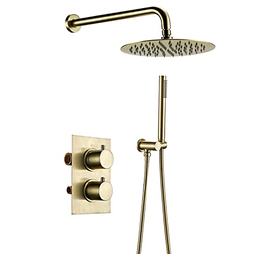 Thermostatisches Duschsystem, Duscharmaturen, gebürstete goldene Regenmischer, Duschkombination, 2-Wege versteckte Duschaufsatz mit runden Niederschlagsdusche LWX Thermostatisches Duschsystem, Duscharmaturen, gebürstete goldene Regenmischer, Duschkombination, 2-Wege versteckte Duschaufsatz mit runden Niederschlagsdusche LWX von YCVAWEOD