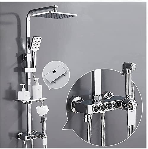Thermostatisches Duschsystem, wandmontierte Niederschlagsduschkopf mit Regal, 4-Funktion Overhead Regen Duschsystem, Chromregen Duschhahn-Wasserhahn mit verstellbarem Schleifstange und Duschventil, von YCVAWEOD