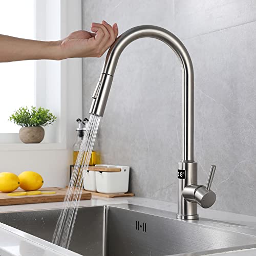 Touch Kitchen Tippen Sie mit Sprühgerät aus, die Küchenhack ausziehen Digitale Temperatur Display Smart Küchenspüle Tippen Sie auf Messing Moderner Griff Küche Tippen Sie gebürstete Nickel LWX Touch Kitchen Tippen Sie mit Sprühgerät aus, die Küchenhack ausziehen Digitale Temperatur Display Smart Küchenspüle Tippen Sie auf Messing Moderner Griff Küche Tippen Sie gebürstete Nickel LWX von YCVAWEOD