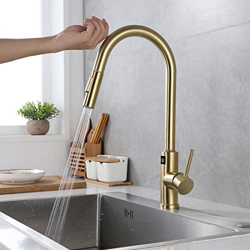Touch Kitchen Tippen Sie mit Sprühgerät aus, die Küchenhack ausziehen Digitale Temperatur Display Smart Küchenspüle Tippen Sie auf Messing Moderner Griff Küche Tippen Sie gebürstete Nickel LWX von YCVAWEOD