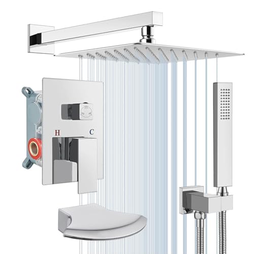 Versteckte Dusche mit quadratischer Regen Duschwasserfall Badmixer Wasserhacker und Handheld, Schwarz, schwarz LWX von YCVAWEOD
