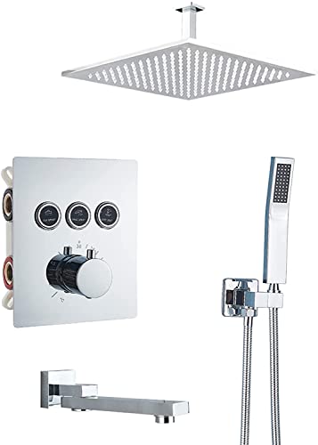 Versteckte Duschsystem Thermostatische Duscharmaturen -Set -Set Chrom Messing Wandmontage Duschkombination mit Handdusche und Niederschlagsschuhkopf Fortgeschrittene Lufteinspritztechnologie, 12 Inc. von YCVAWEOD
