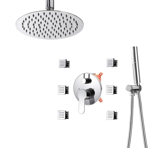 Versteckte Regendusche Badezimmerhaderation Niederschlag mit 6 Prozenter Drehung Massage Düsenarmatur Deckenmontage 10 "Overhead Head Hand Hand und 1,5 m Schlauchset (schwarz, quadratisch) LWX von YCVAWEOD