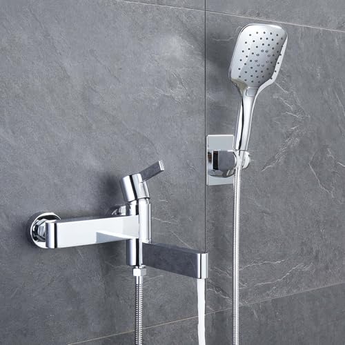 Wand montierte Duscharmaturen-Set, Duschkopfset, Duschmischer-Taps Wandmontage Chrom Badewanne TAP 90 Schwenk-Tap Badewanne Mixer mit Dusche 3 Modus Handshower LWX von YCVAWEOD