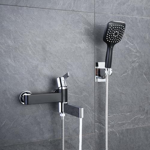 Wand montierte Duscharmaturen-Set, Duschmischer Taps Wallmontierte Schwarz + Chrom Badewanne TAP 90 Schwenk-Tap Badewanne Wannenmischer mit Dusche 3 Modus Handshower LWX von YCVAWEOD