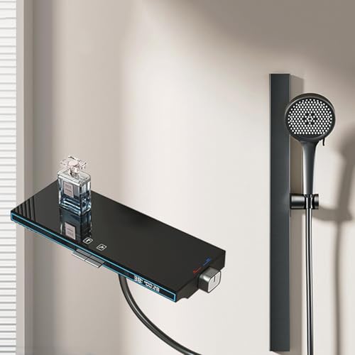Wandmontierter Badmixer mit Dusch- und Riser -Schienen -Wasserfall -Bad Zapfe Grau mit LED -Display (grau) LWX von YCVAWEOD