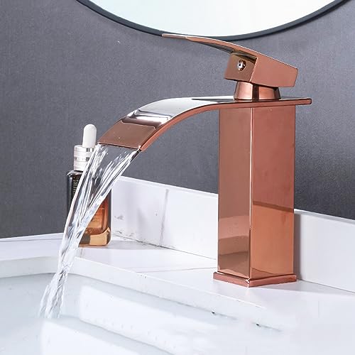 Wasserfallbecken Heiß und kalte Einzelloch -Zapfes für Badezimmerbecken Einzelhebelmixer, Roségold, kurz LWX von YCVAWEOD